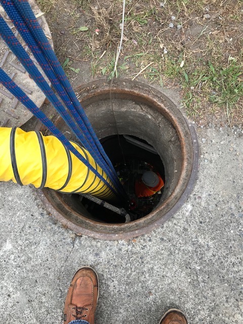 Confined-space manhole entry with ventilation duct and worker below