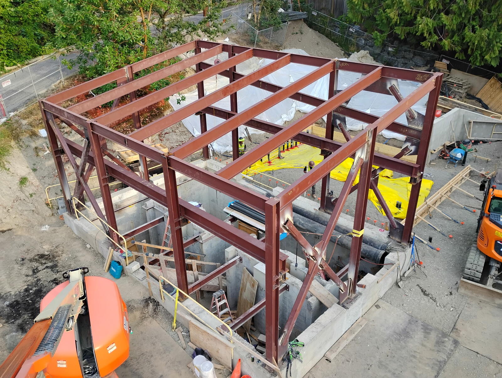 Aerial view of a structural steel frame under erection